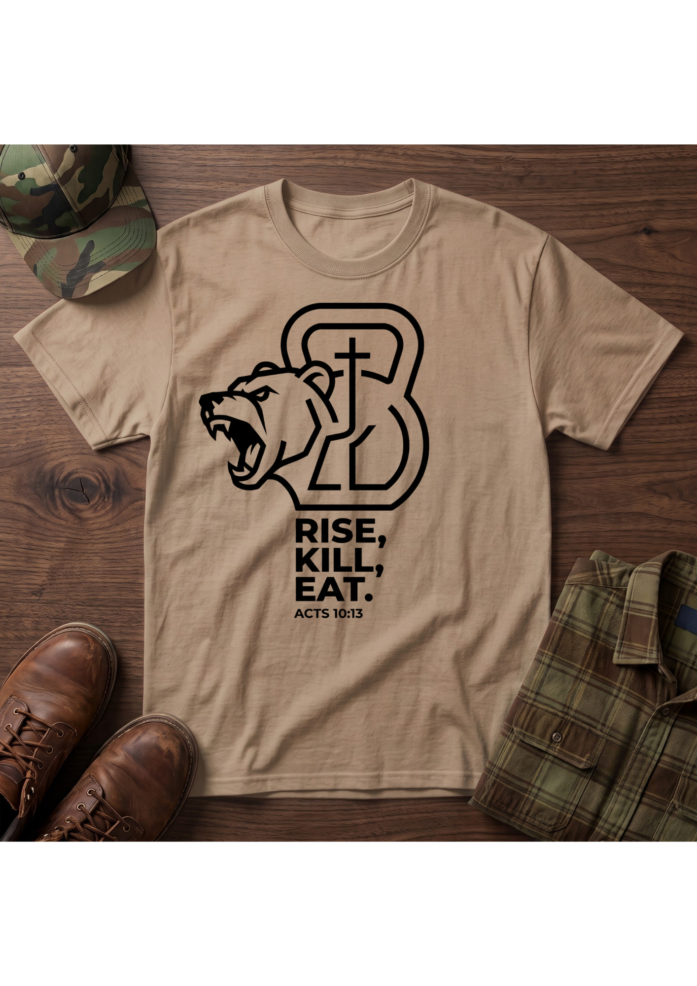 Rise, Kill, Eat. Cross, Bear and Kettlebell T-Shirt