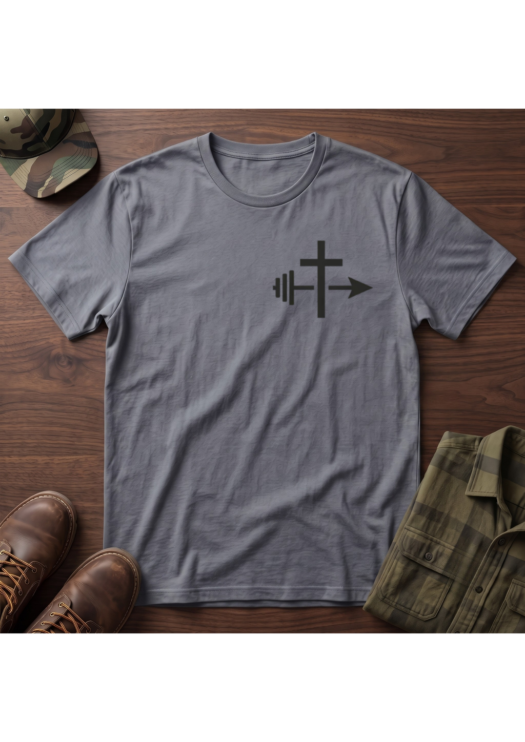 Cross and Barbell Chest Logo Only T-Shirt | Faith Fitness Tee