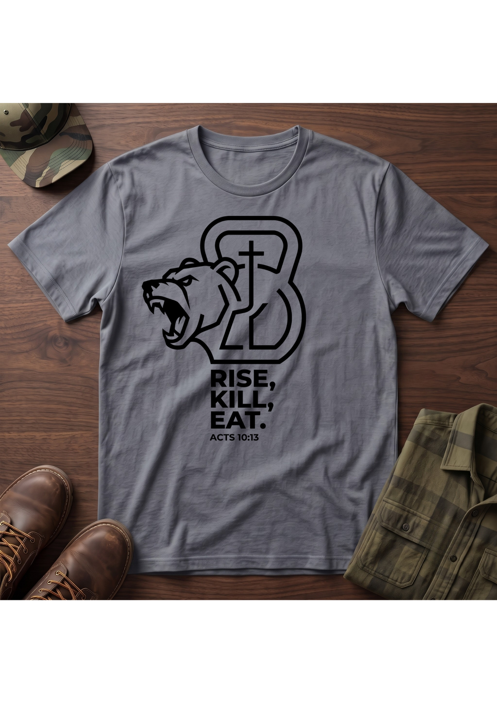 Rise, Kill, Eat. Cross, Bear and Kettlebell T-Shirt