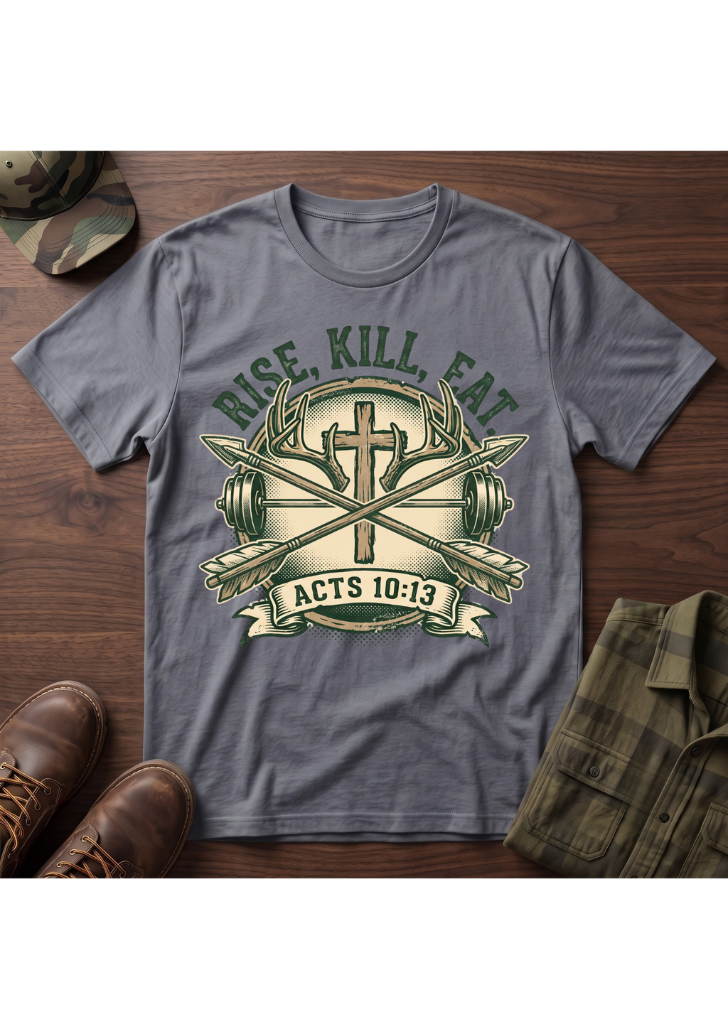 Rise, Kill, Eat Cross, Arrow and Barbell T-Shirt