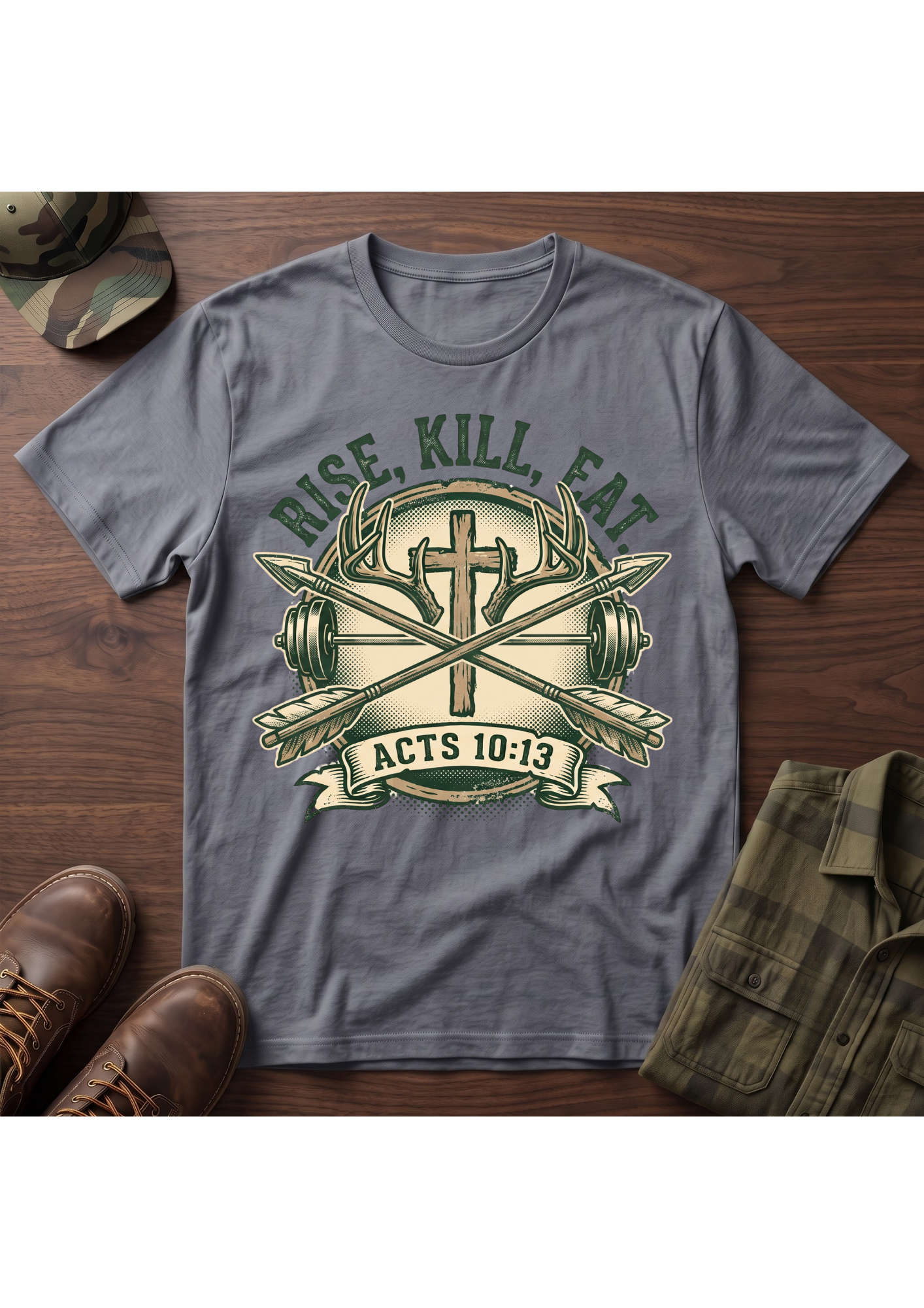 Rise, Kill, Eat Cross, Arrow and Barbell T-Shirt
