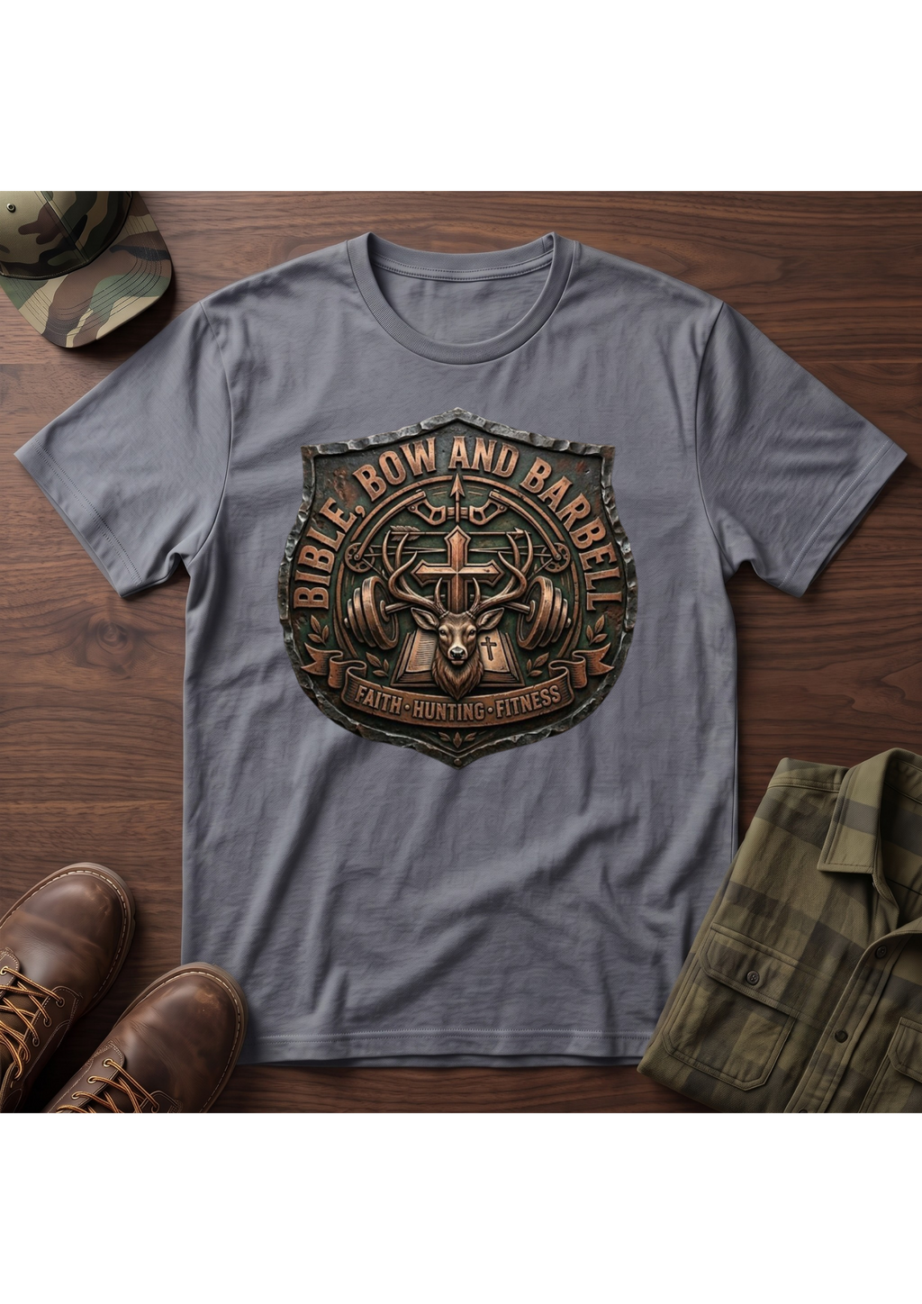Bible, Bow and Barbell Buck Shield T-Shirt