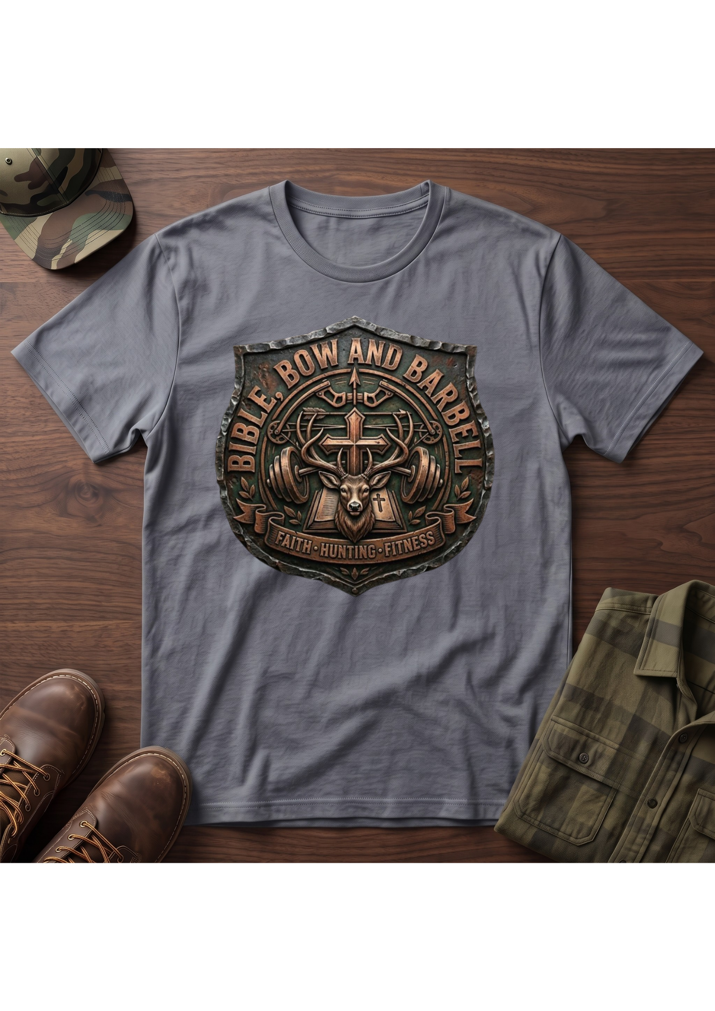 Bible, Bow and Barbell Buck Shield T-Shirt