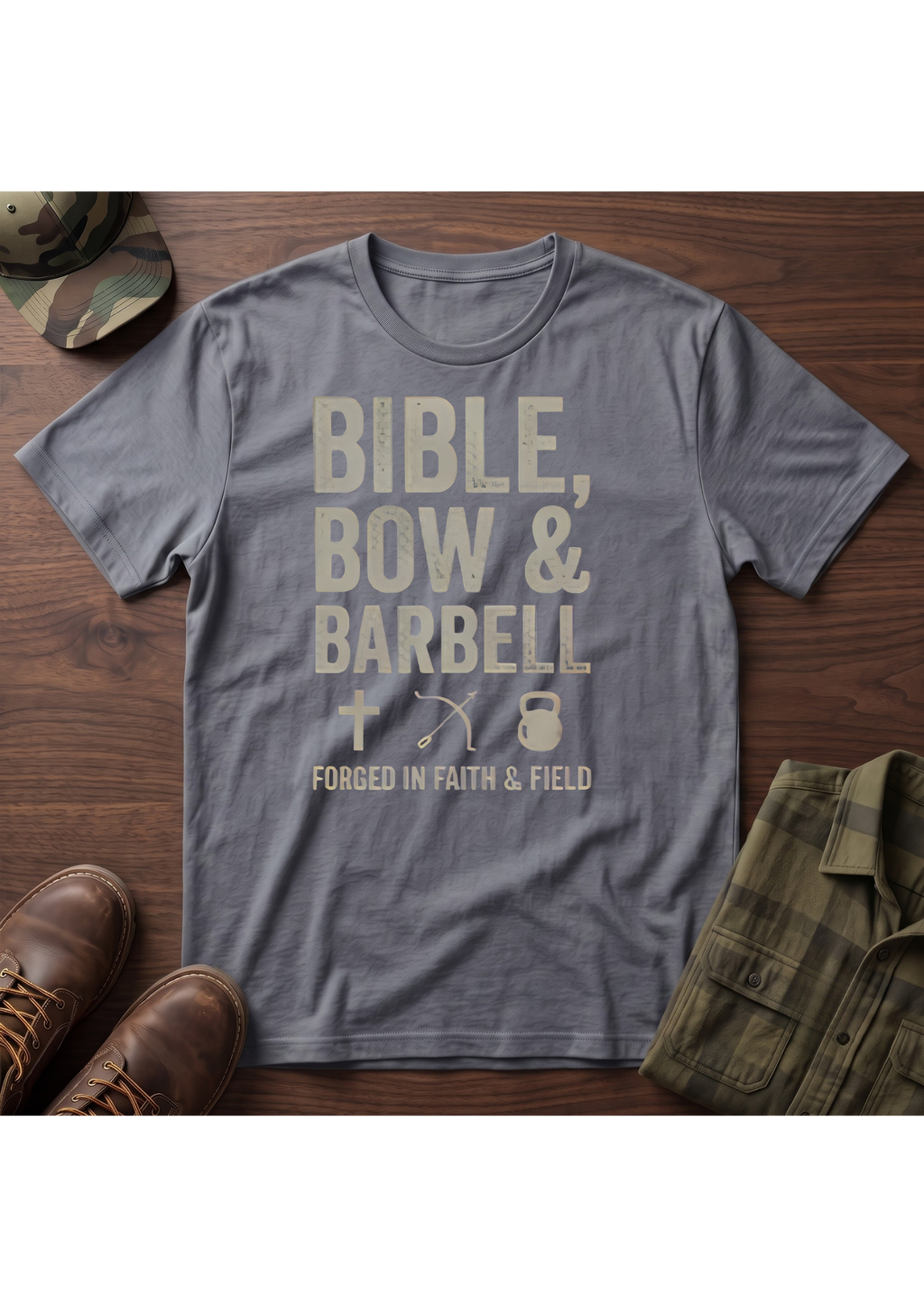 Bible, Bow & Barbell Forged in Faith and Field T-Shirt