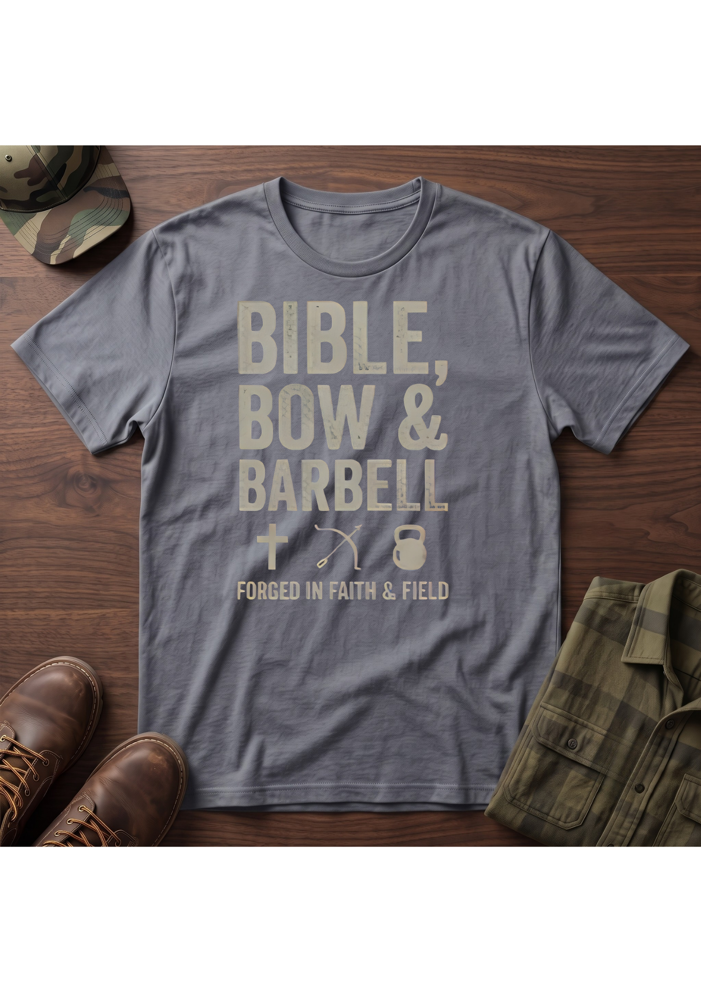 Bible, Bow & Barbell Forged in Faith and Field T-Shirt