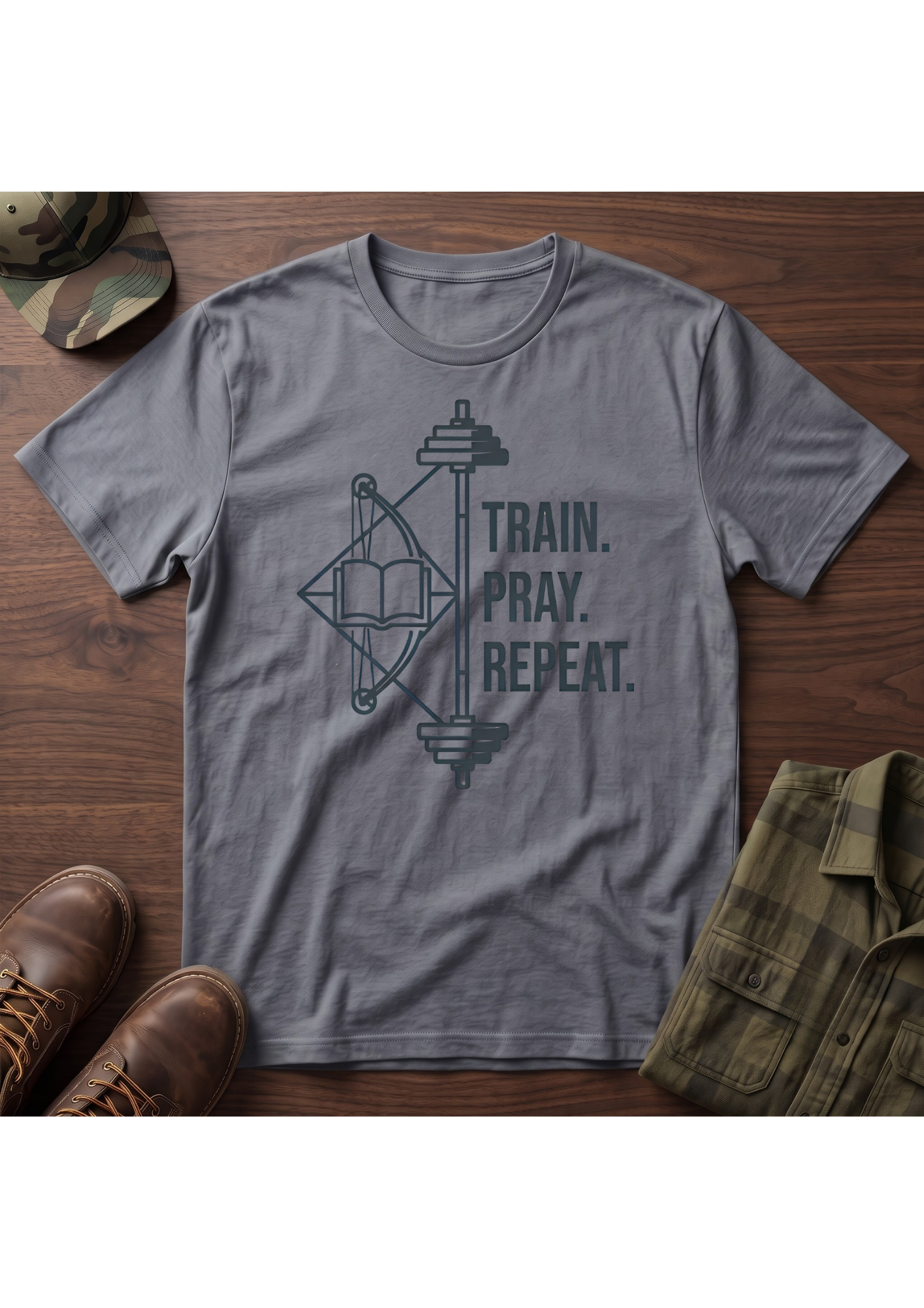 Train Pray Repeat Minimalist Cross T-Shirt