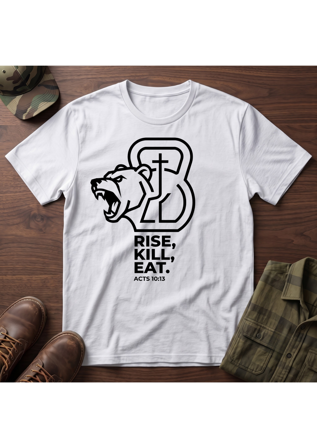 Rise, Kill, Eat. Cross, Bear and Kettlebell T-Shirt