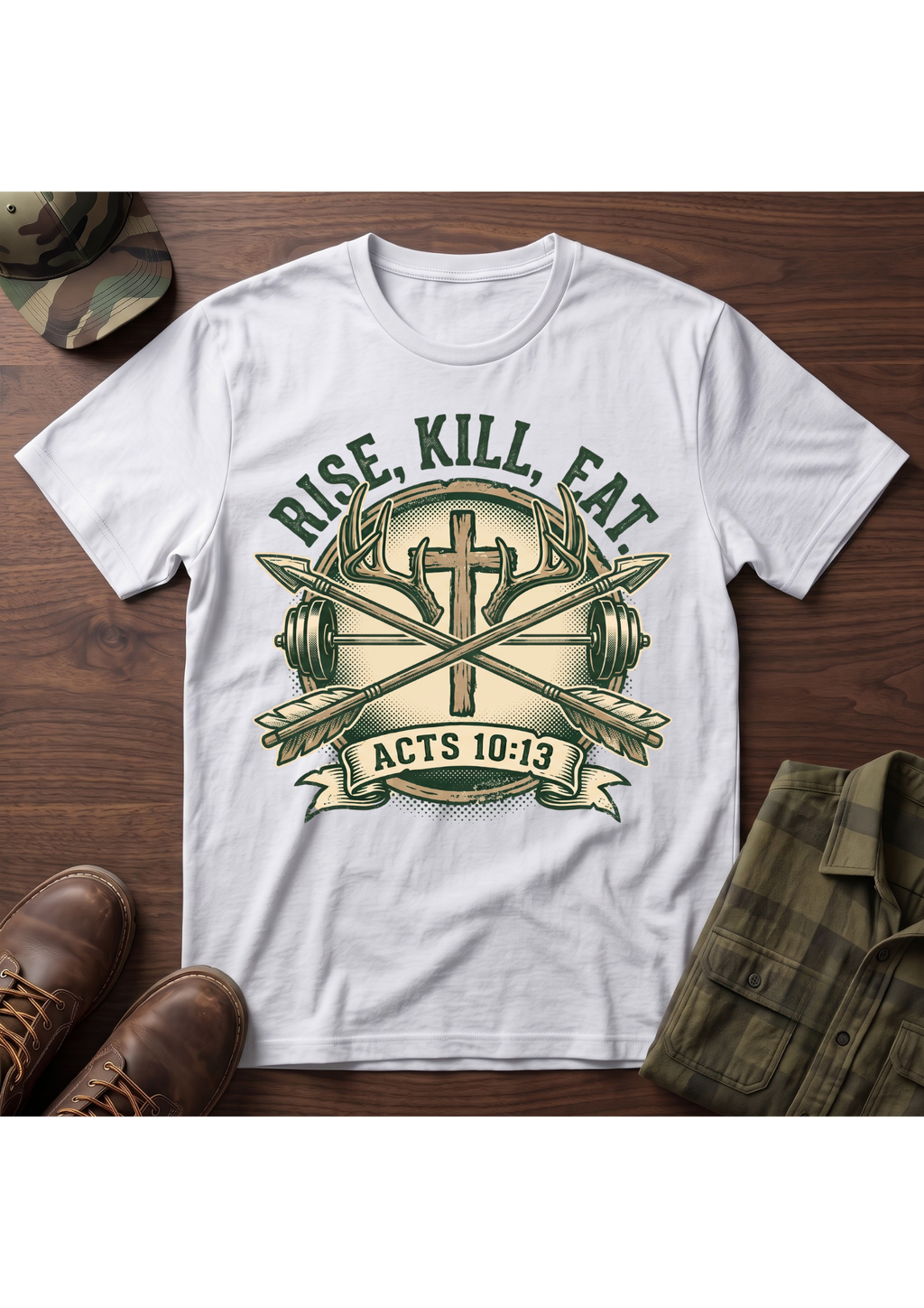 Rise, Kill, Eat Cross, Arrow and Barbell T-Shirt