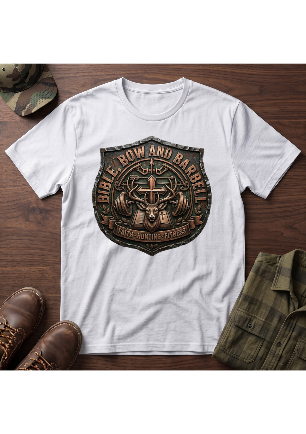 Bible, Bow and Barbell Buck Shield T-Shirt