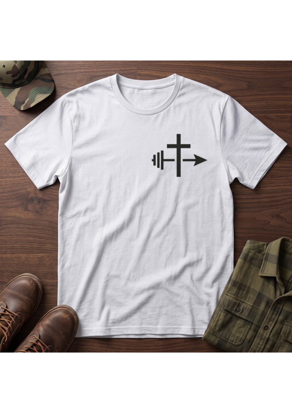 Cross and Barbell Chest Logo Only T-Shirt | Faith Fitness Tee