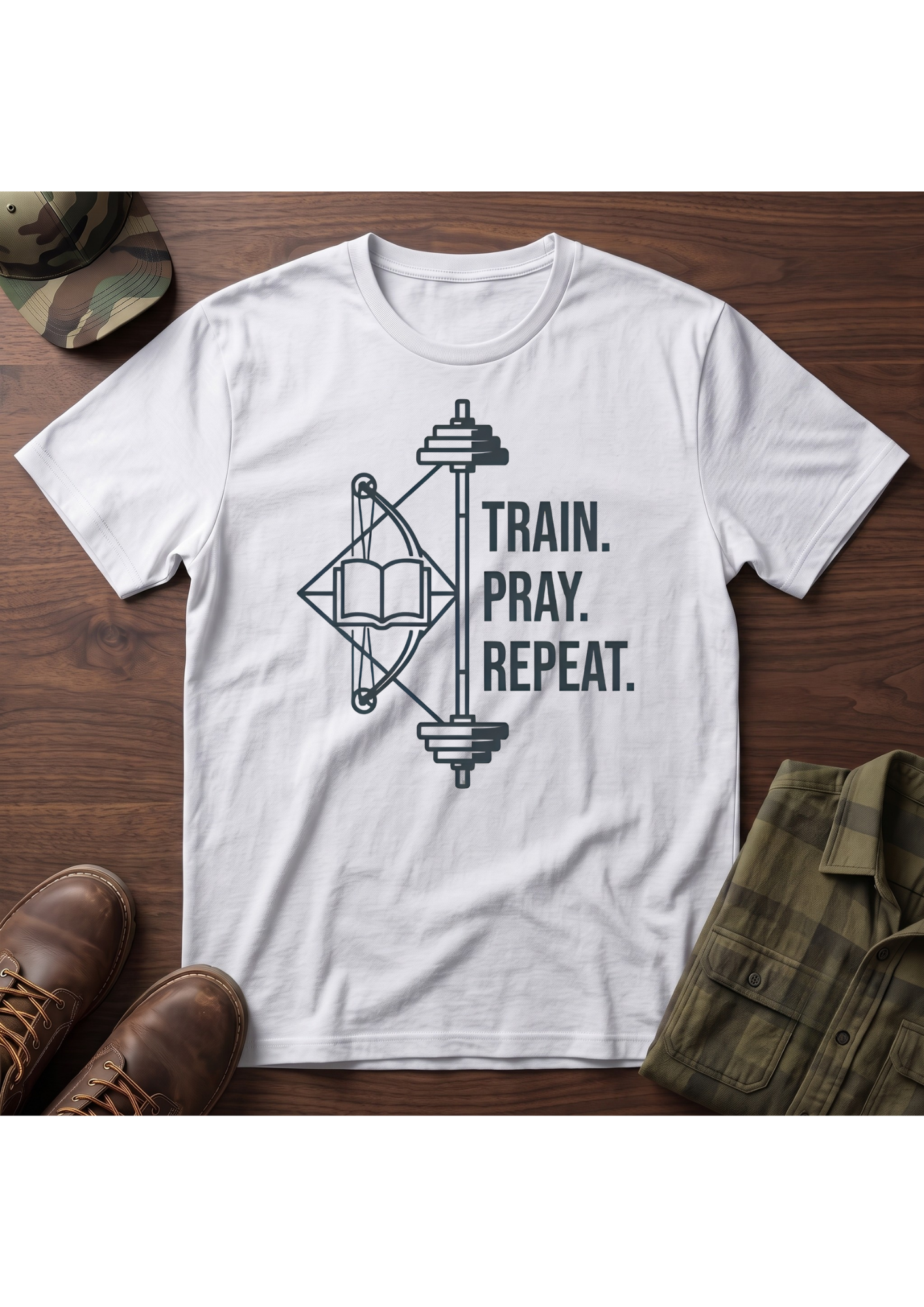 Train Pray Repeat Minimalist Cross T-Shirt